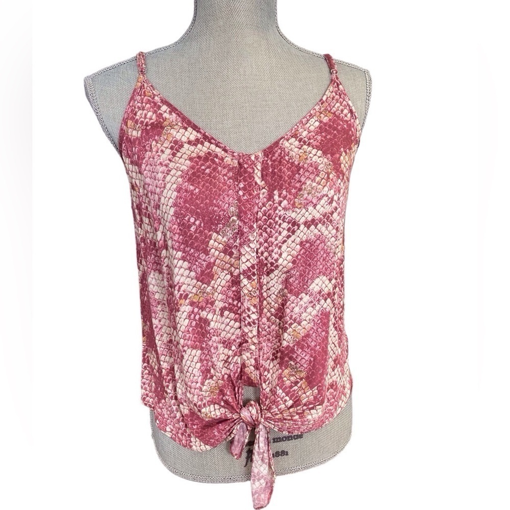 Lavender Brown Ivory/Pink Snakeskin Print Sleeveless Button Down Tied Top